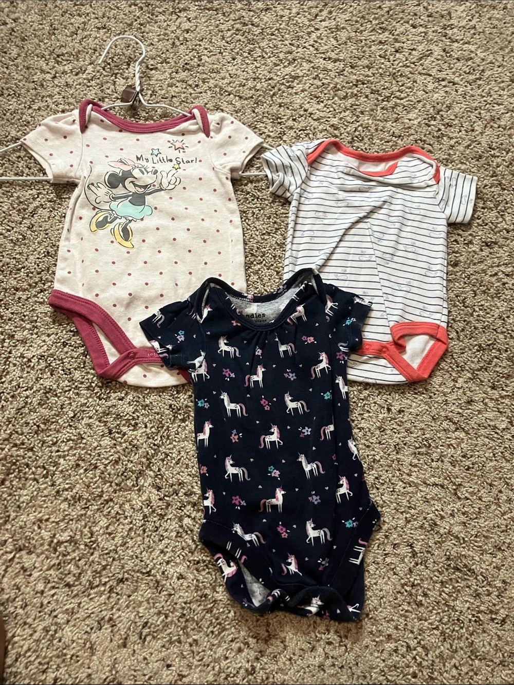 Disney Minnie Mouse Cream and Pink Trim Polka Dot, whale and unicorn bodysuits